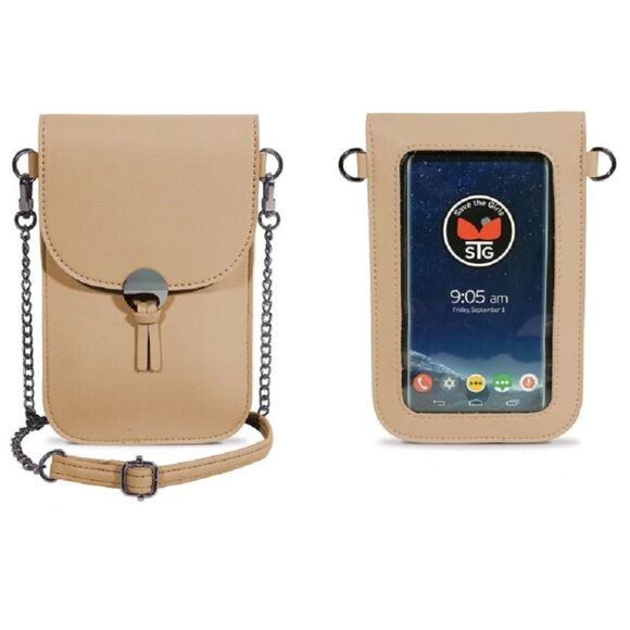 Lori Greiner in cream Save The Girls Crossbody Cell Touch Access Phone Bag NWOT - Picture 2 of 6